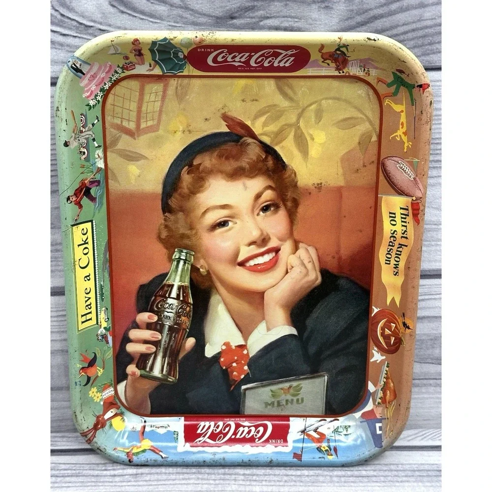 VINTAGE COCA COLA THIRST KNOWS NO SEASON METAL SERVING TRAY *1